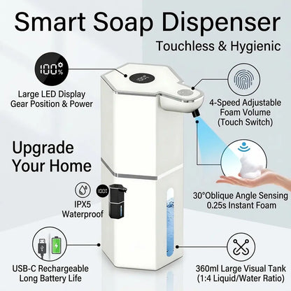 Touchless Automatic Soap Dispenser, USB Rechargeable, 12 Oz Foaming Dispenser with 4 Adjustable Levels, Waterproof Wall-Mounted Smart Soap Pump for Bathroom and Kitchen, Hands-Free Hygiene Home Essential