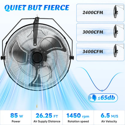 【Mother'Sdaygift】Metal Wall Mount Fan, 3-Speed High Velocity Fan with 3400 CFM, Vertical & Horizontal Adjustable Tilt for Warehouse, Industrial, Greenhouse, Commercial