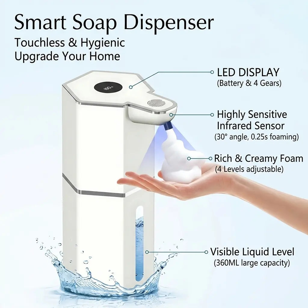 Touchless Automatic Soap Dispenser, USB Rechargeable, 12 Oz Foaming Dispenser with 4 Adjustable Levels, Waterproof Wall-Mounted Smart Soap Pump for Bathroom and Kitchen, Hands-Free Hygiene Home Essential