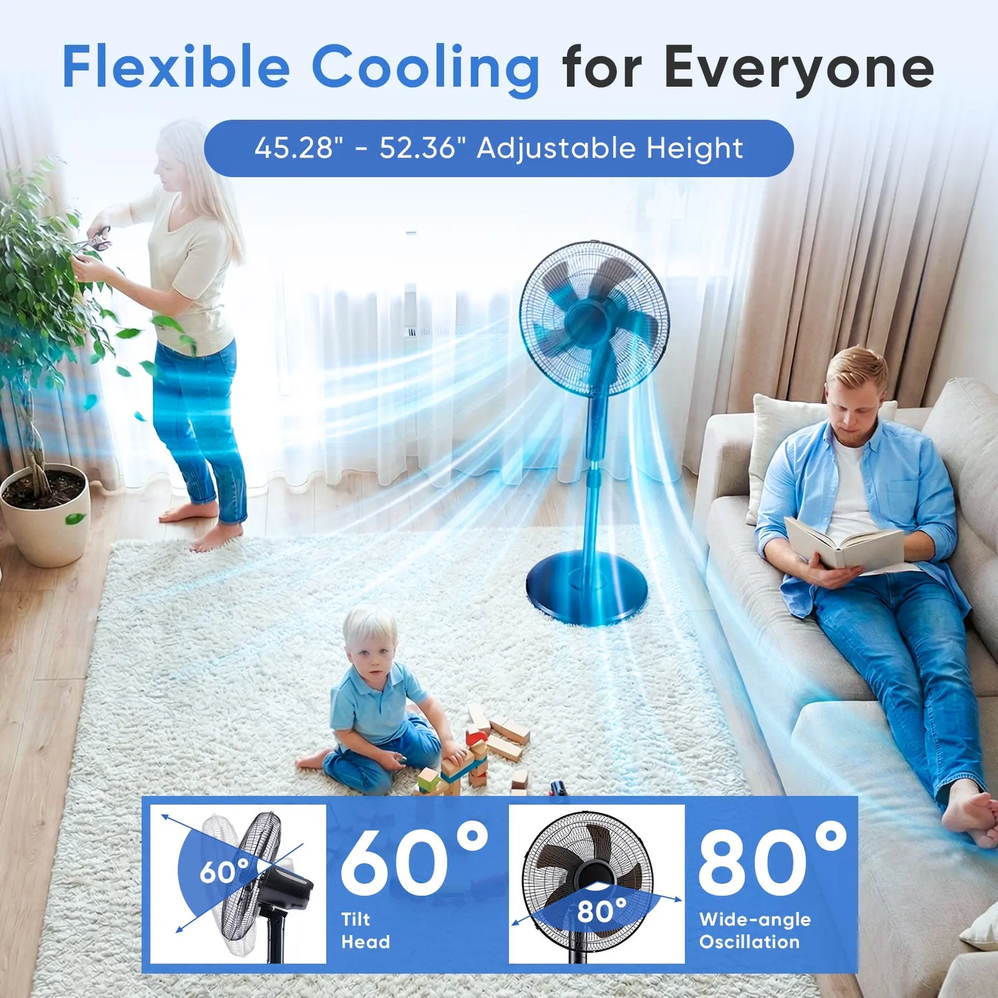 Pedestal Fan with Remote for Bedroom, Living Room, Office, Adjustable Height, 3 Speeds, 3 Modes, Timer, Tilt Head
