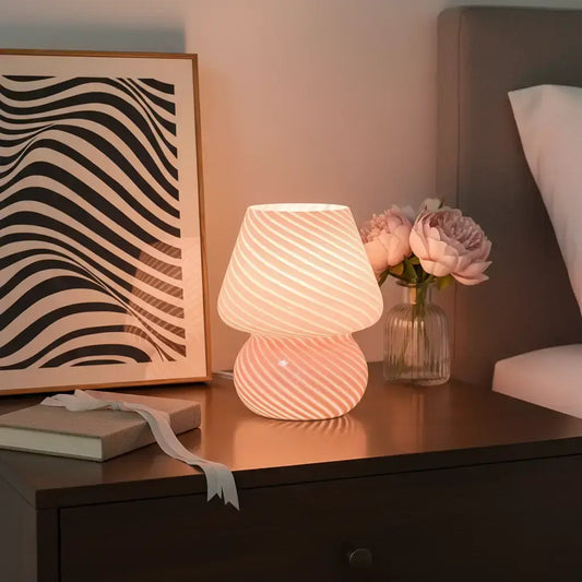 Mushroom Lamp Glass Table Bedside Light Semi-Transparent Murano Vintage Style Striped Night Mushroom Decorative Lamp Swirl for Environment Kids Bedroom Living Room Girl Gift Nightlight Home Decor Light