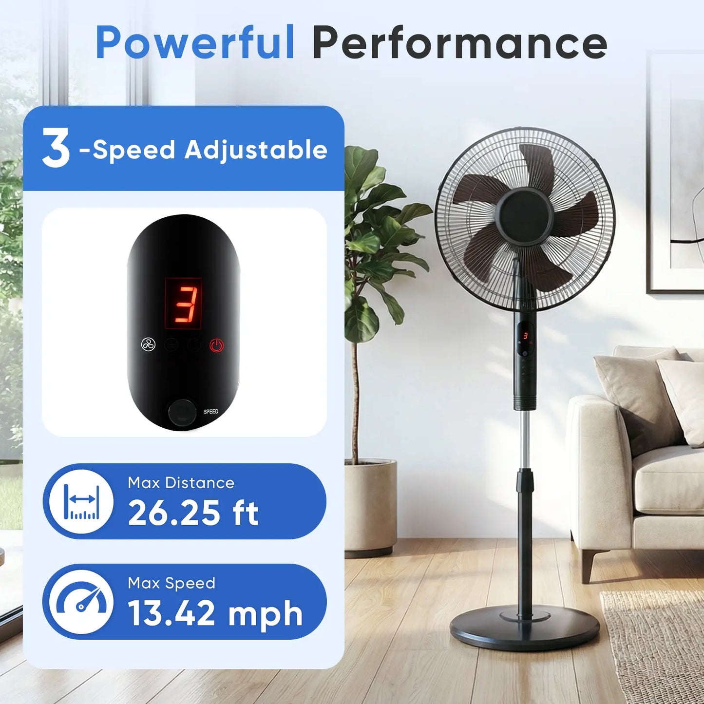 Pedestal Fan with Remote for Bedroom, Living Room, Office, Adjustable Height, 3 Speeds, 3 Modes, Timer, Tilt Head