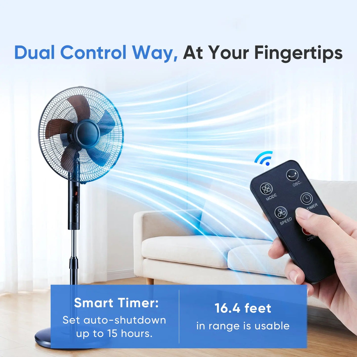 Pedestal Fan with Remote for Bedroom, Living Room, Office, Adjustable Height, 3 Speeds, 3 Modes, Timer, Tilt Head
